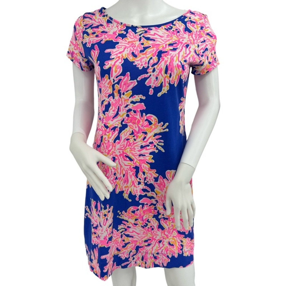 LILLY PULITZER Small Marlowe Tshirt Dress Blue Pink Coral Pima Cotton Coastal